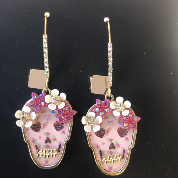 NEW Betsey Johnson Rhinestone Floral Skelton Hoop Earrings/For Halloween - Picture 11 of 16